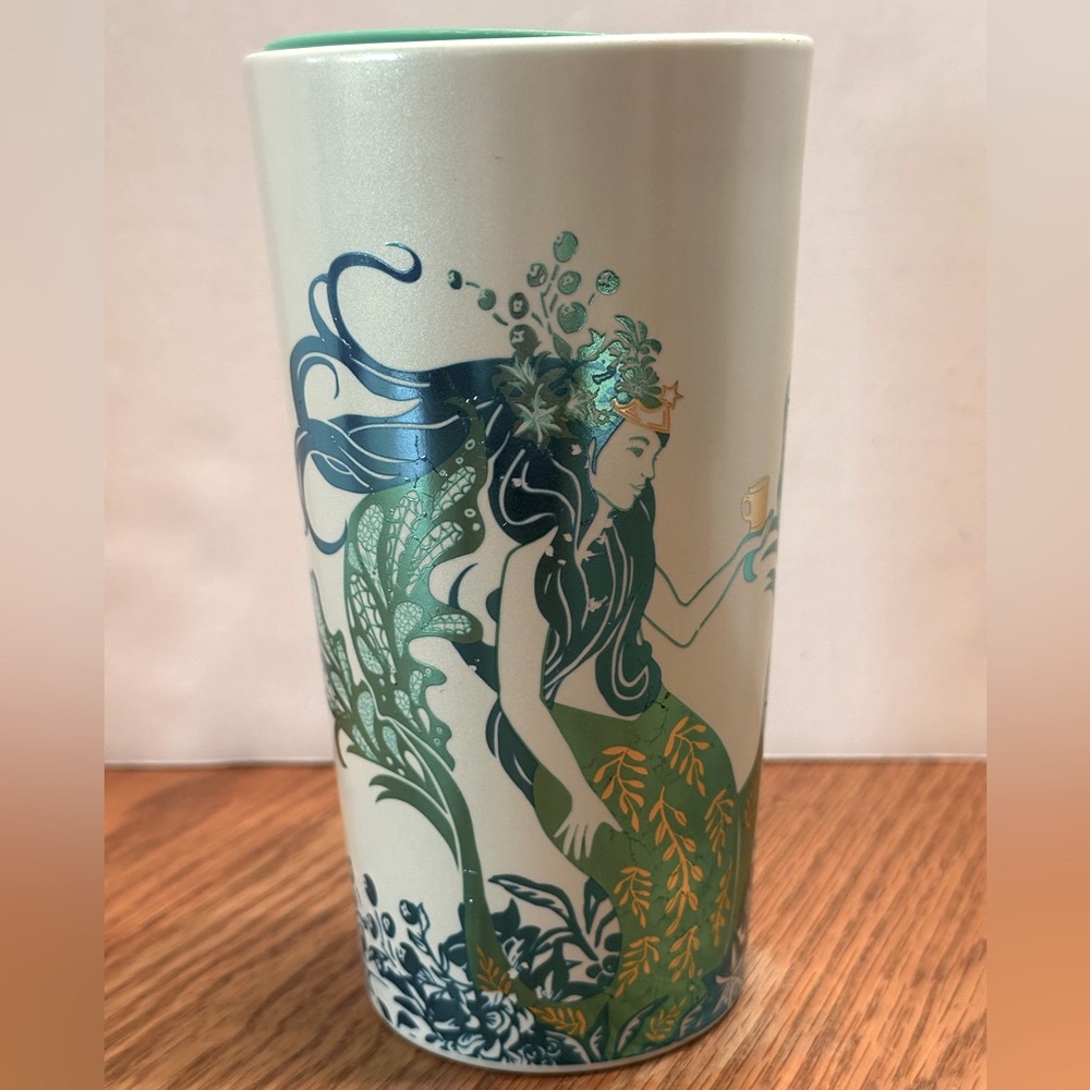 Starbucks Blue Green Gold Metallic Siren Mermaid 12oz Ceramic Travel Mug 2022